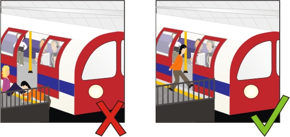 Top Tube Travel Tip ten diagram, showing people falling down the ap between the tube train and the platform edge
