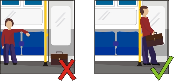 Top Tube Travel Tip one diagram, showing someone sitting away from his luggage