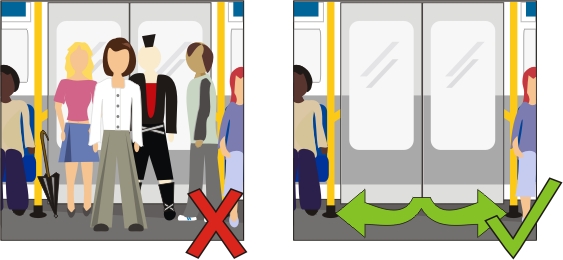 Top Tube Travel Tip three diagram, showing people standing on the tube but in the way of the doors