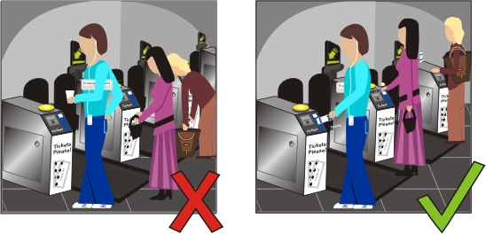 Top Tube Travel Tip six diagram, showing people standing in front of the ticket barriers looking through bags and pockets for their tickets