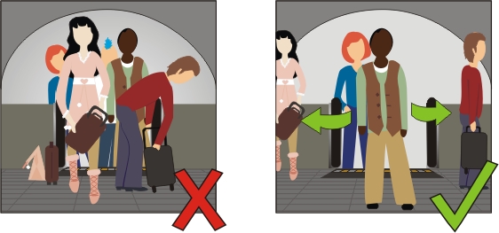 Top Tube Travel Tip seven diagram, showing people standing at the top of escalators in the way of those coming up behind them and stopping from getting them off