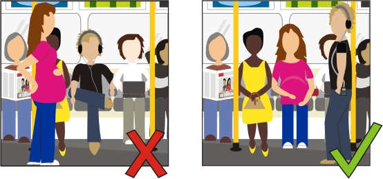 Top Tube Travel Tip nine diagram, showing people ignoring a pregnant lady standing up while they sit in comfort